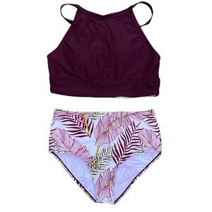 SHEIN BOTANICAL HALTER NECK BIKINI SET IN MAGENTA